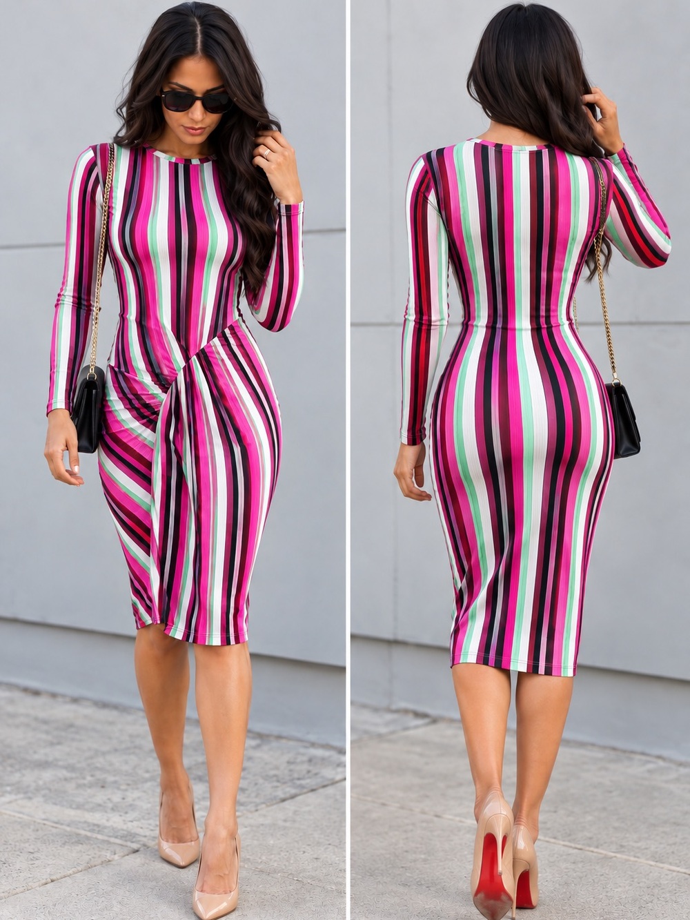 ZARA Collection Multicolor Striped Ribbed Knit Ruched Maxi Dress L